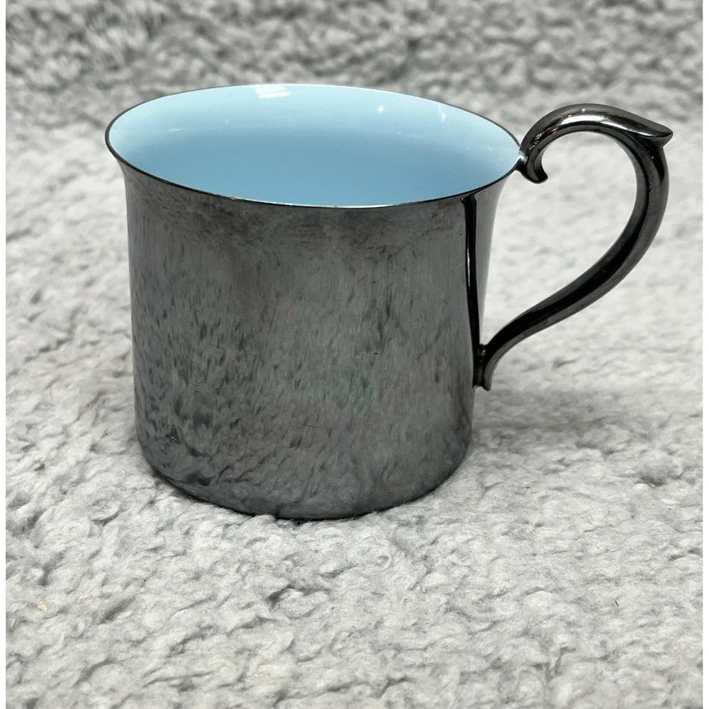 Reed & Barton 865 Silver Plate Child Cup Mug Blue Enamel Interior w/‎ W Monogram